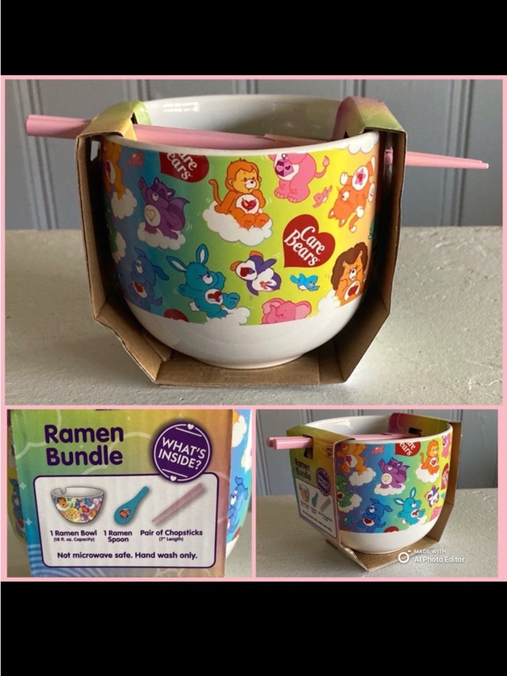 NWT- The Care Bears ❤️ 18oz Ceramic Bowl, Ceramic Spoon & Pink Chopsticks Bundle